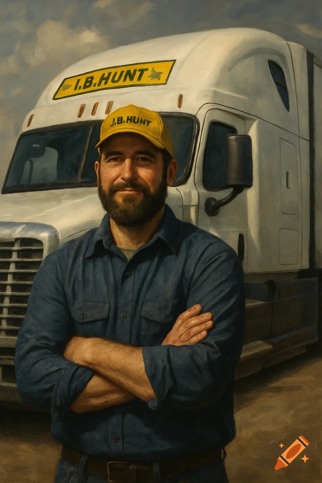 A smiling male truck driver with a beard and a yellow I.B. Hunt cap stands with crossed arms in front of a white semi-truck.