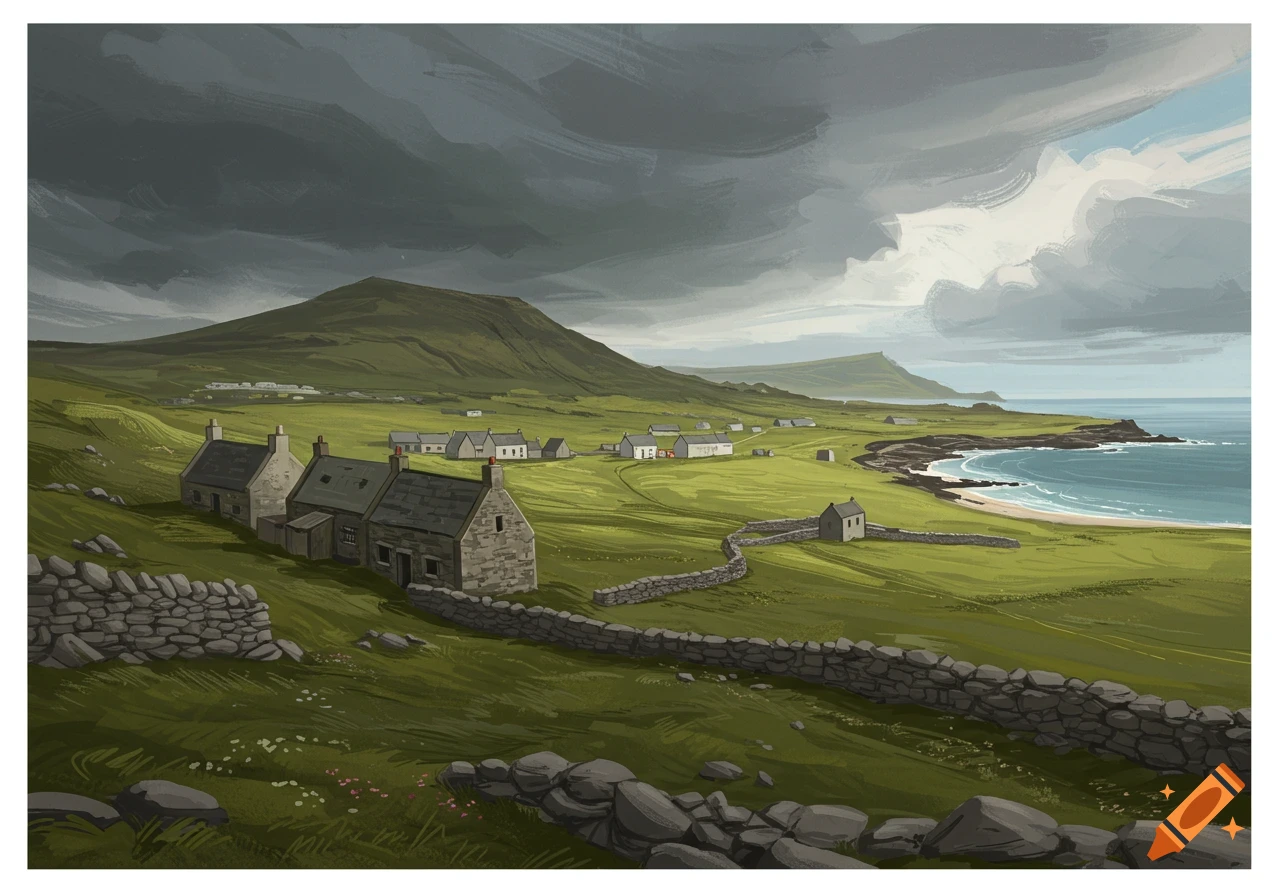 A painterly illustration of a coastal landscape with green hills, stone houses, and a rocky beach under a cloudy sky.