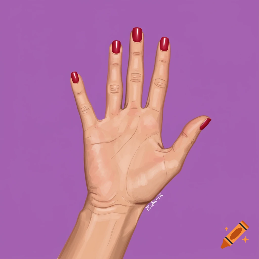A stylized illustration of a hand with five fingers spread and red nail polish, set against a purple background.