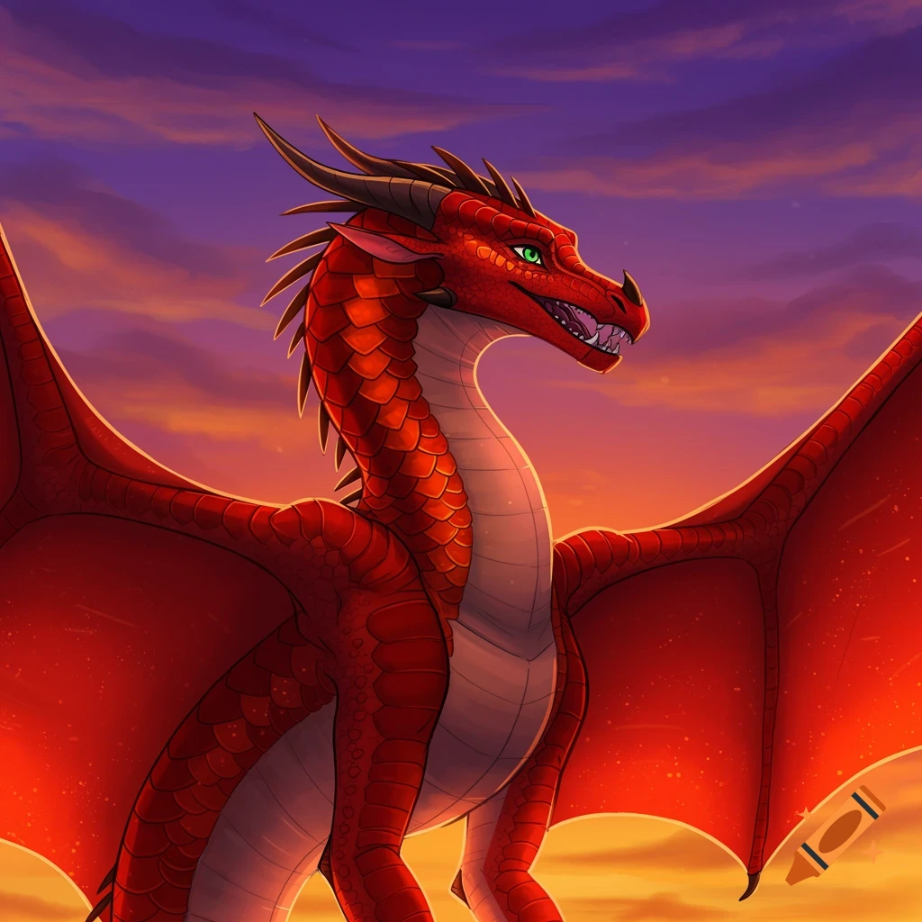 A red dragon with green eyes looks right against a vibrant sunset sky in an illustrative style.