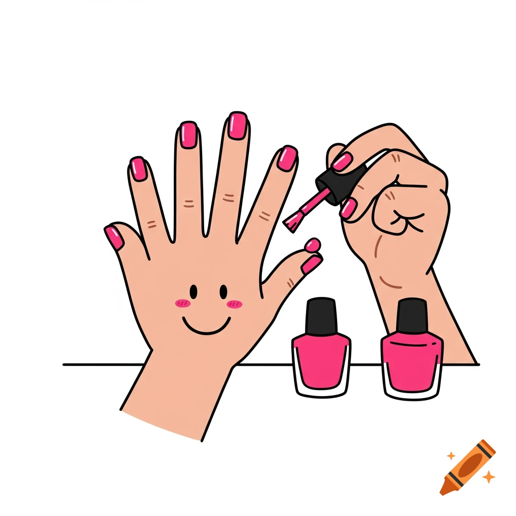 A cartoon hand with a smiley face getting its pink nails painted by another hand, with two bottles of nail polish.
