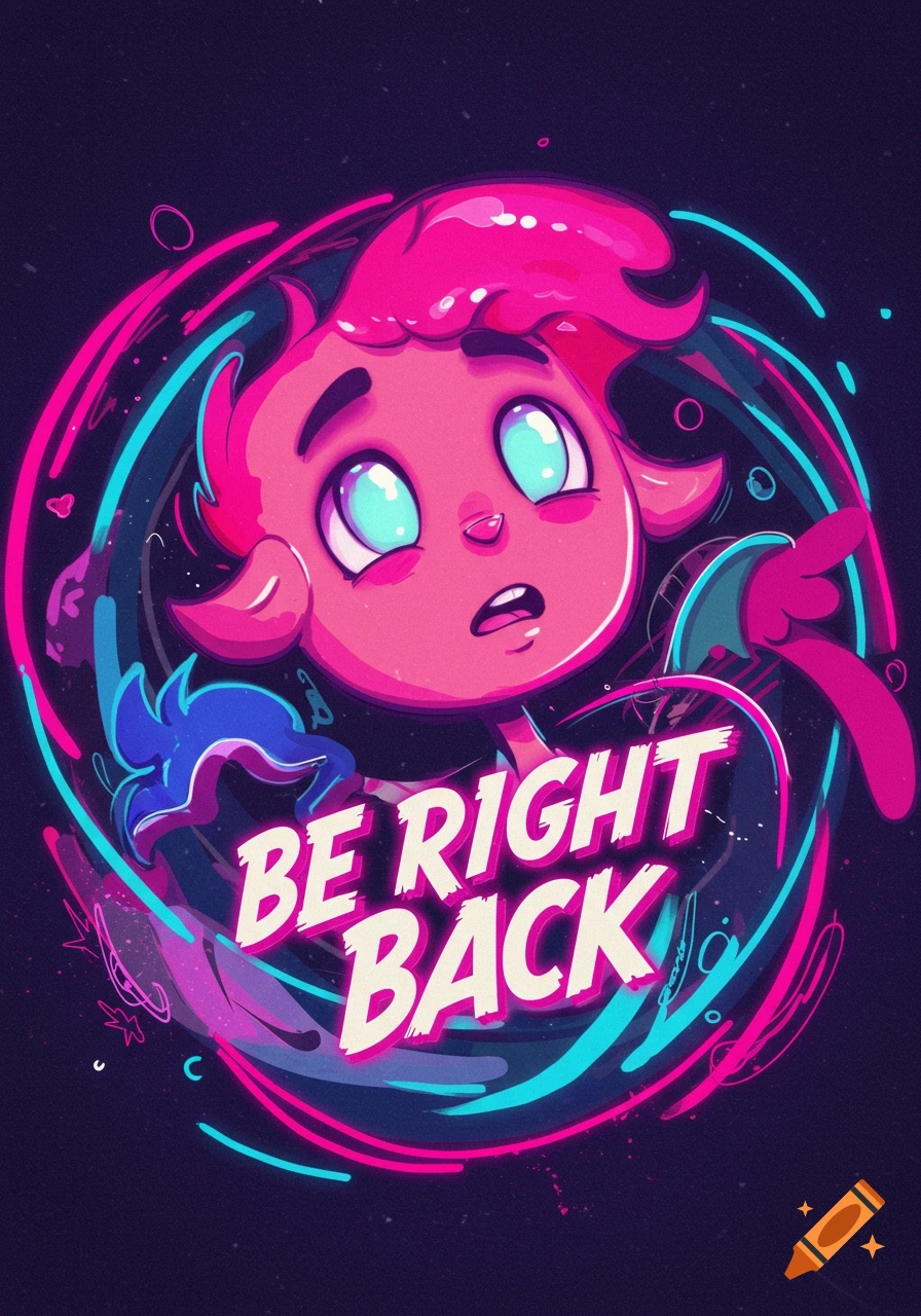 A vibrant cartoon character with pink hair and big blue eyes, looking surprised and pointing, surrounded by neon pink and blue swirls, with the text 'BE RIGHT BACK' at the bottom.