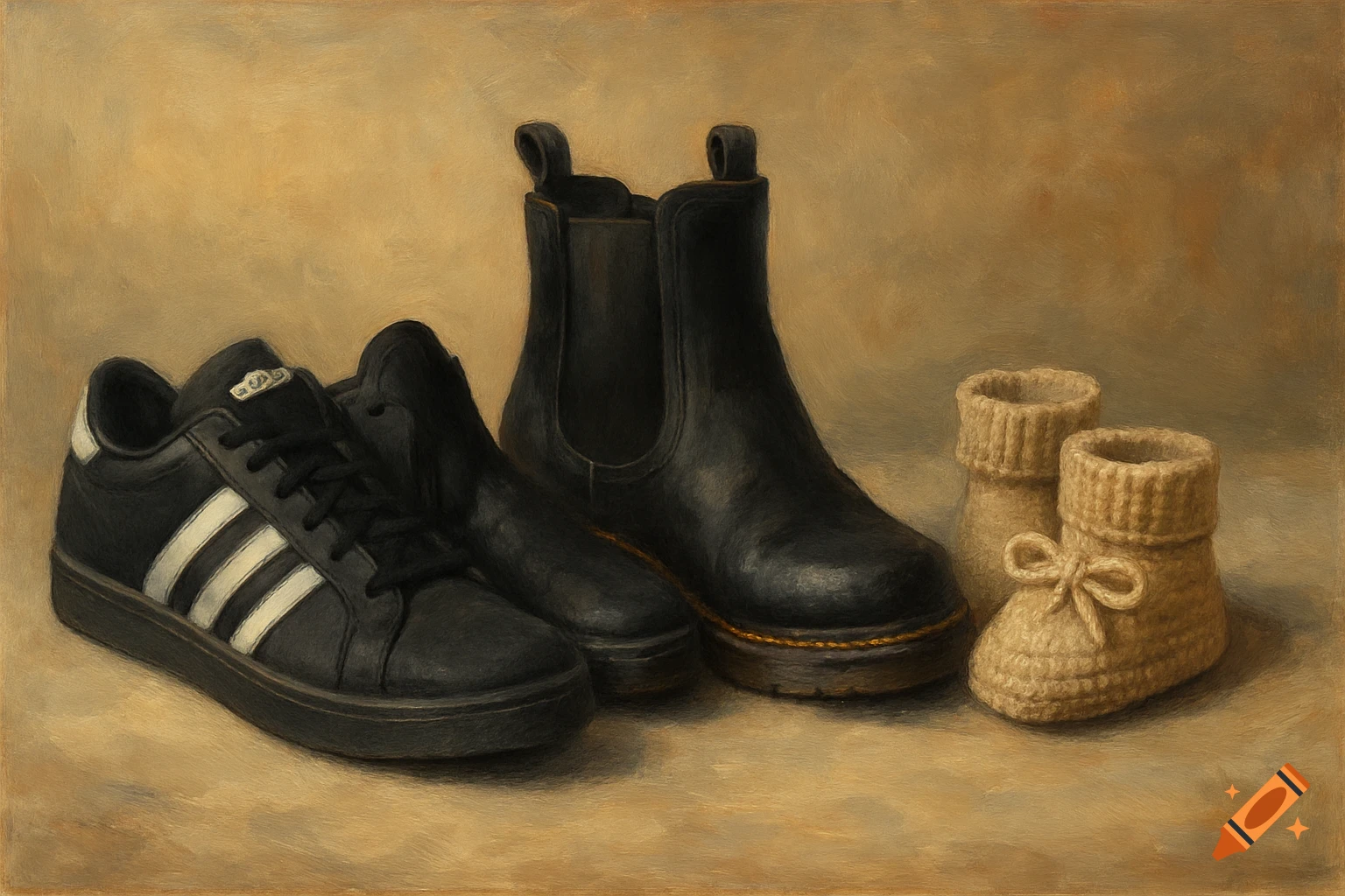A painting of a black sneaker, black boots, and tan baby booties in a row.