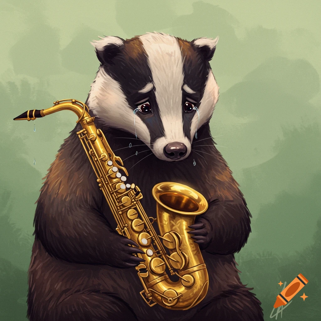 A sad badger sits holding a golden saxophone, with tears streaming down its face.