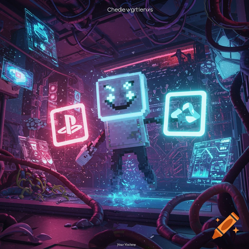 A pixelated robot character with a smiley face in a neon cyberpunk room, holding glowing PlayStation and other icons.