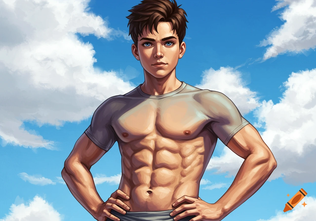 Anime illustration of a muscular young man with brown hair and blue eyes, standing with hands on hips against a blue sky, showing his toned abs.