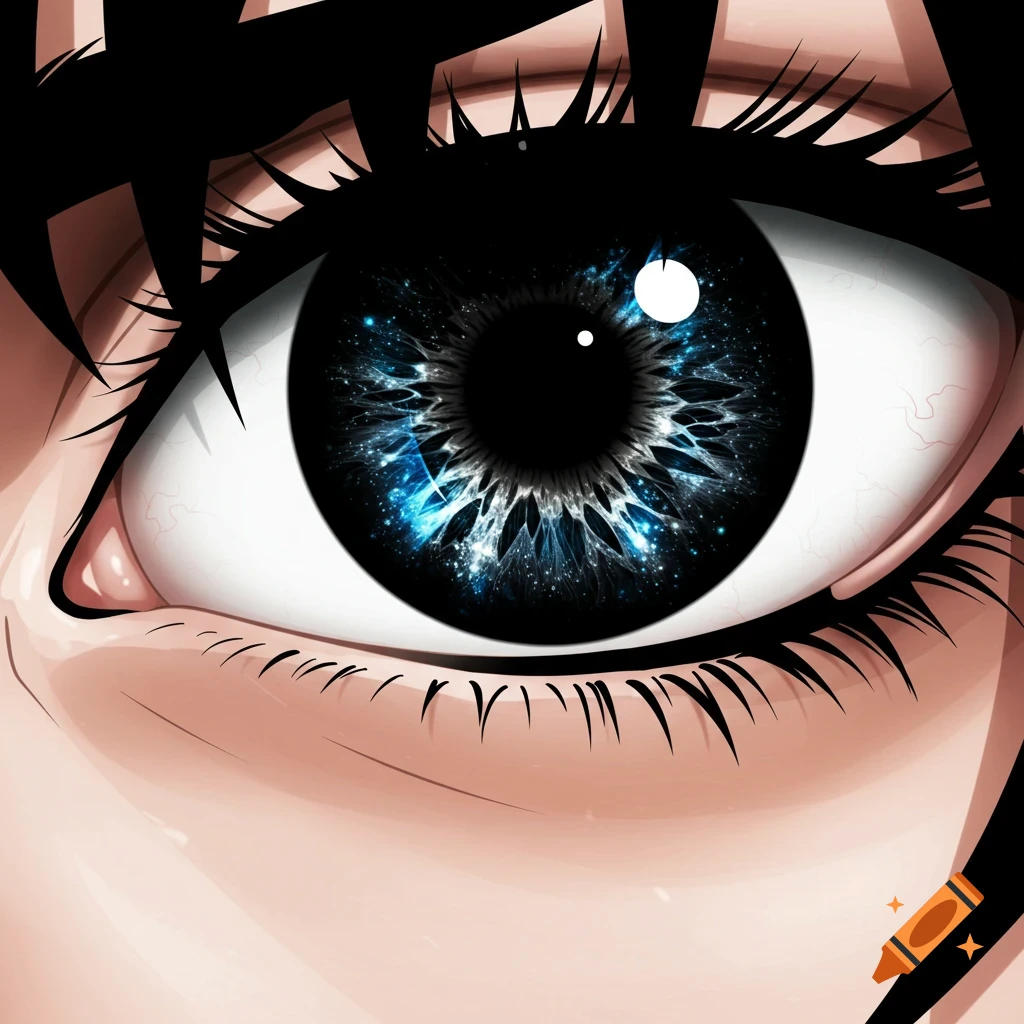 Close-up of a stylized anime eye with a glowing blue and white fractal pattern in the iris.