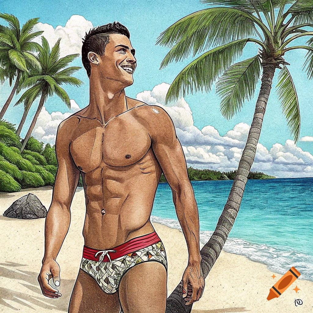 Illustrated image of Cristiano Ronaldo, shirtless in patterned swim briefs, smiling on a sunny beach with palm trees.