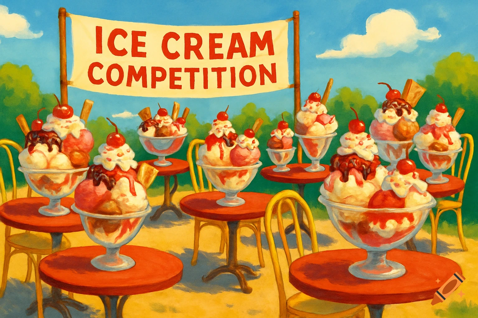 An outdoor scene with many tables displaying large ice cream sundaes, under a banner reading 'ICE CREAM COMPETITION'.