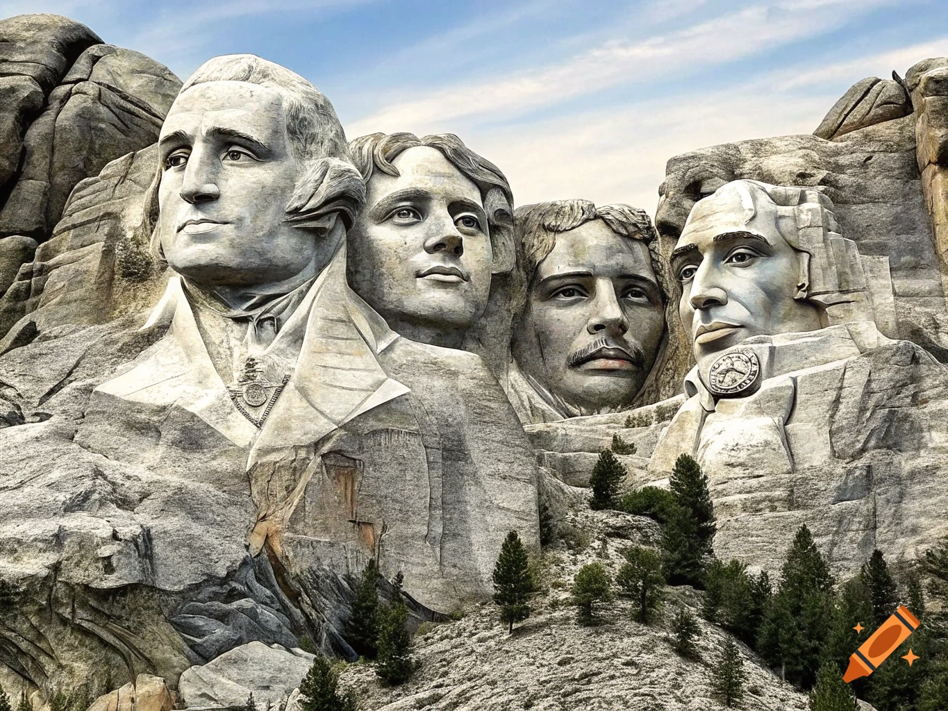 Realistic stone carvings of four male celebrities in a Mount Rushmore-style landscape with trees and a blue sky.