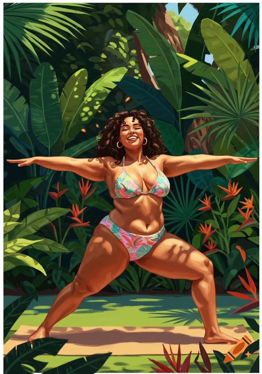 Curvy Latina woman in a floral bikini doing a yoga warrior pose outdoors in a lush tropical jungle, illustration.