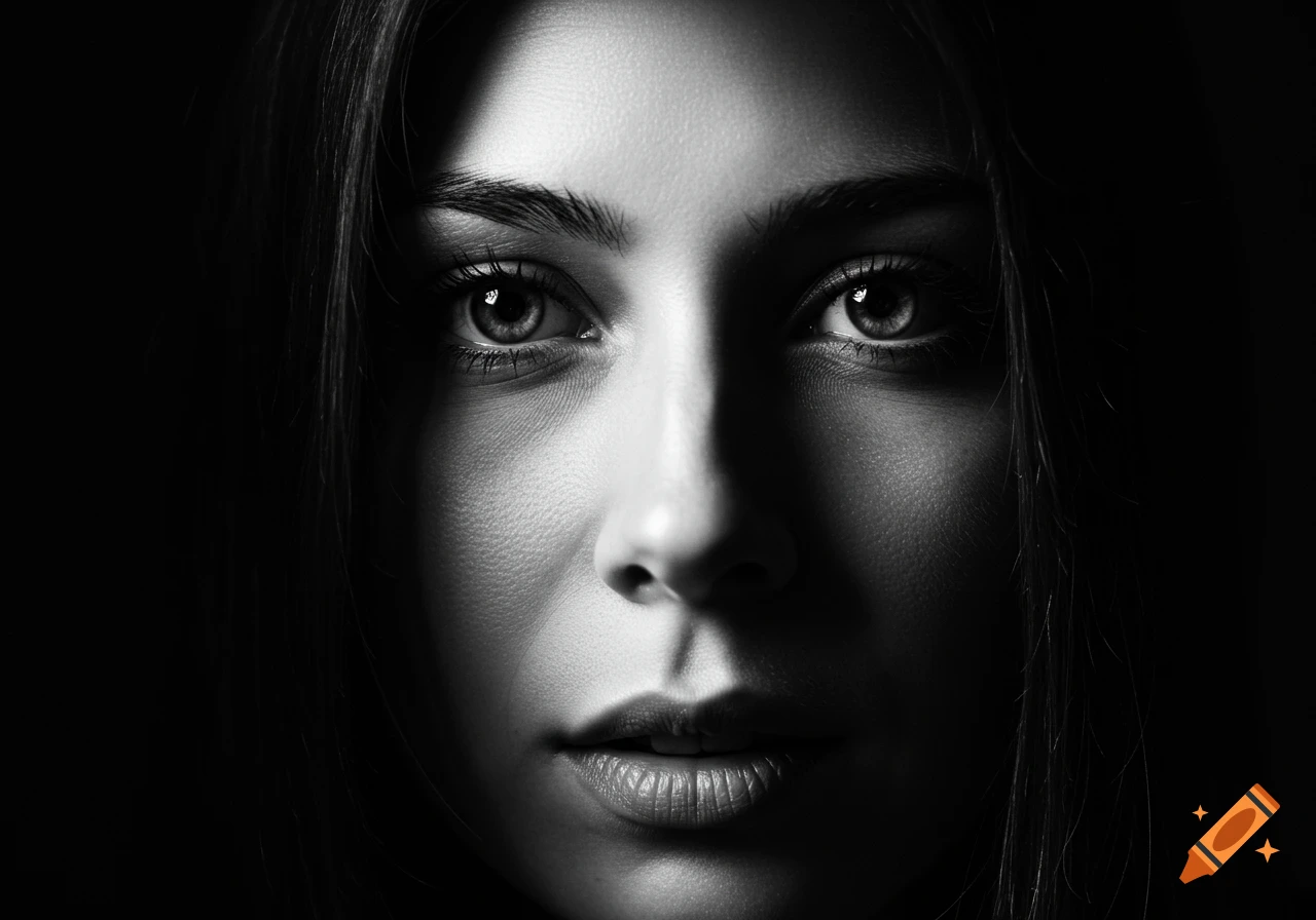 Close-up, high-contrast black and white portrait of a woman's face with her eyes looking forward, partially illuminated against a dark background.