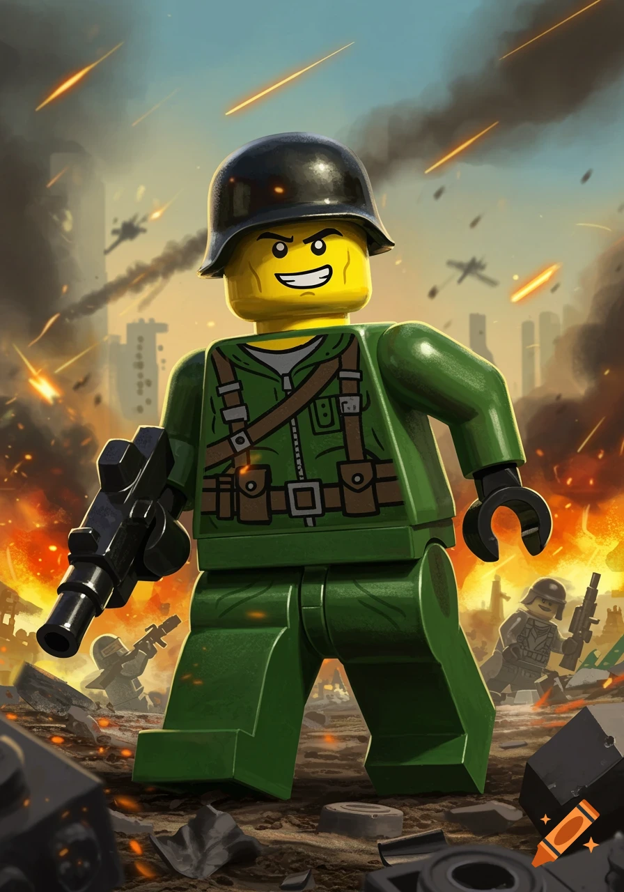 A close-up of a Lego soldier holding a rifle, standing heroically in a fiery, smoke-filled battlefield with other soldiers in the background.
