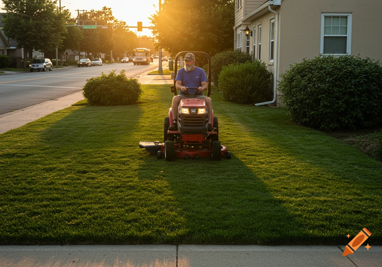 A man on a red lawn tractor cuts grass on a residential lawn, bathed in warm sunset light with a street in the background.
