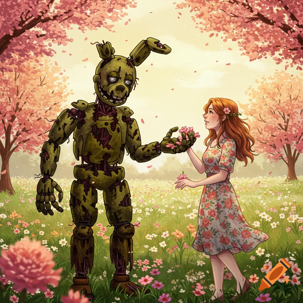 A decayed rabbit animatronic, Springtrap, offers flowers to a red-haired girl in a vibrant spring field with pink blooming trees. Illustrated.