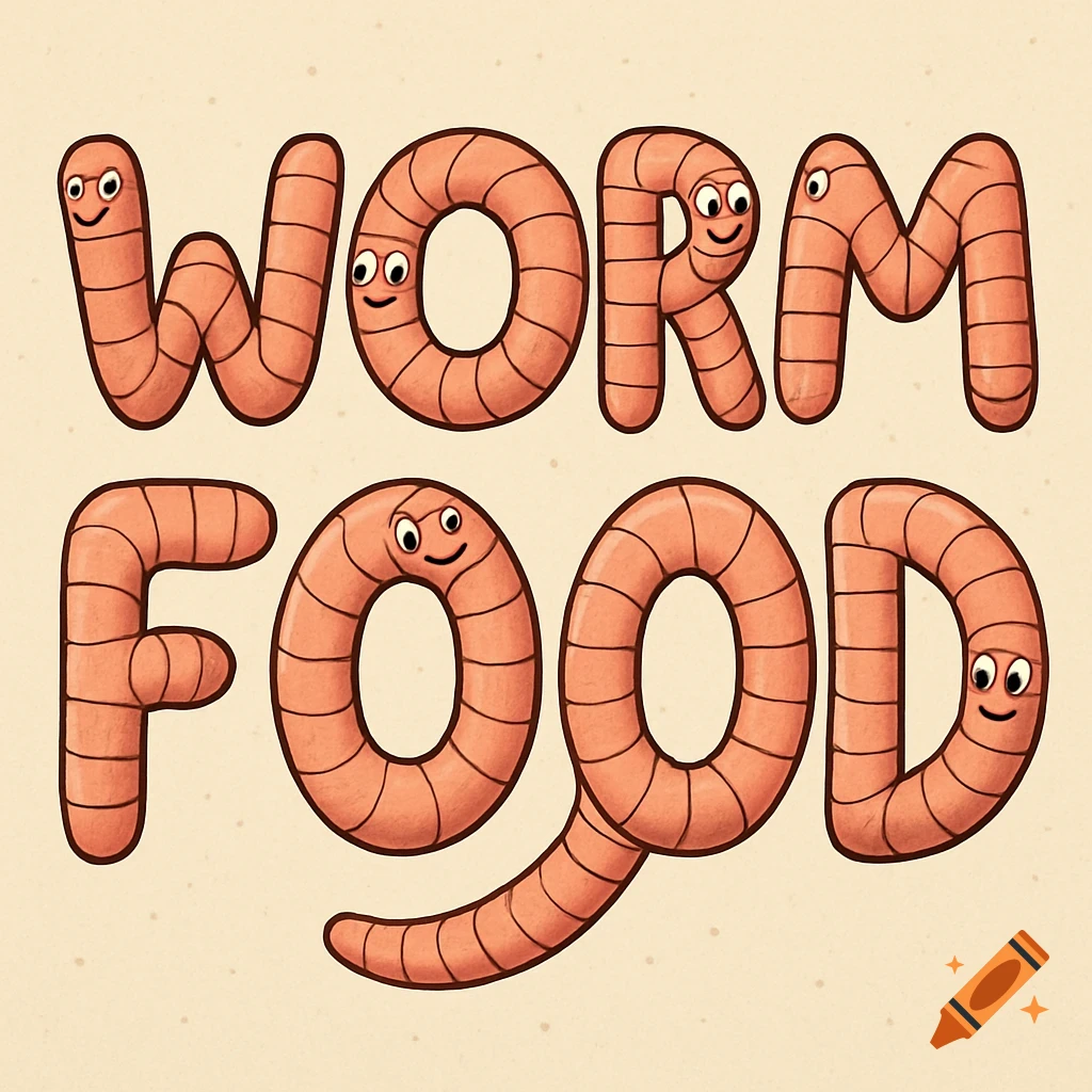 A playful cartoon illustration of the words "WORM FOOD" where each letter is made from a pink, smiling worm.