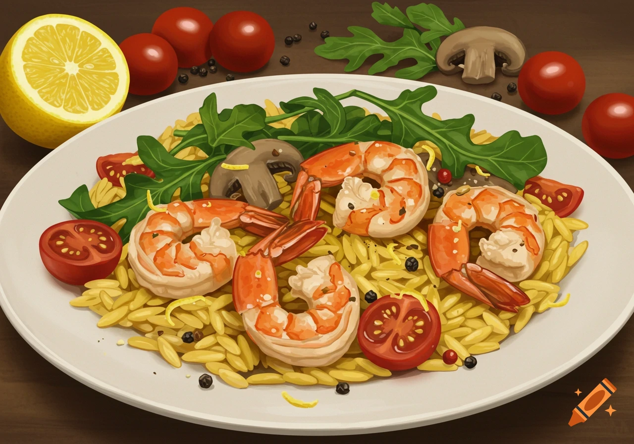 A plate of lemon-pepper shrimp with saffron orzo, arugula, cherry tomatoes, and mushrooms, depicted in an illustrative style.