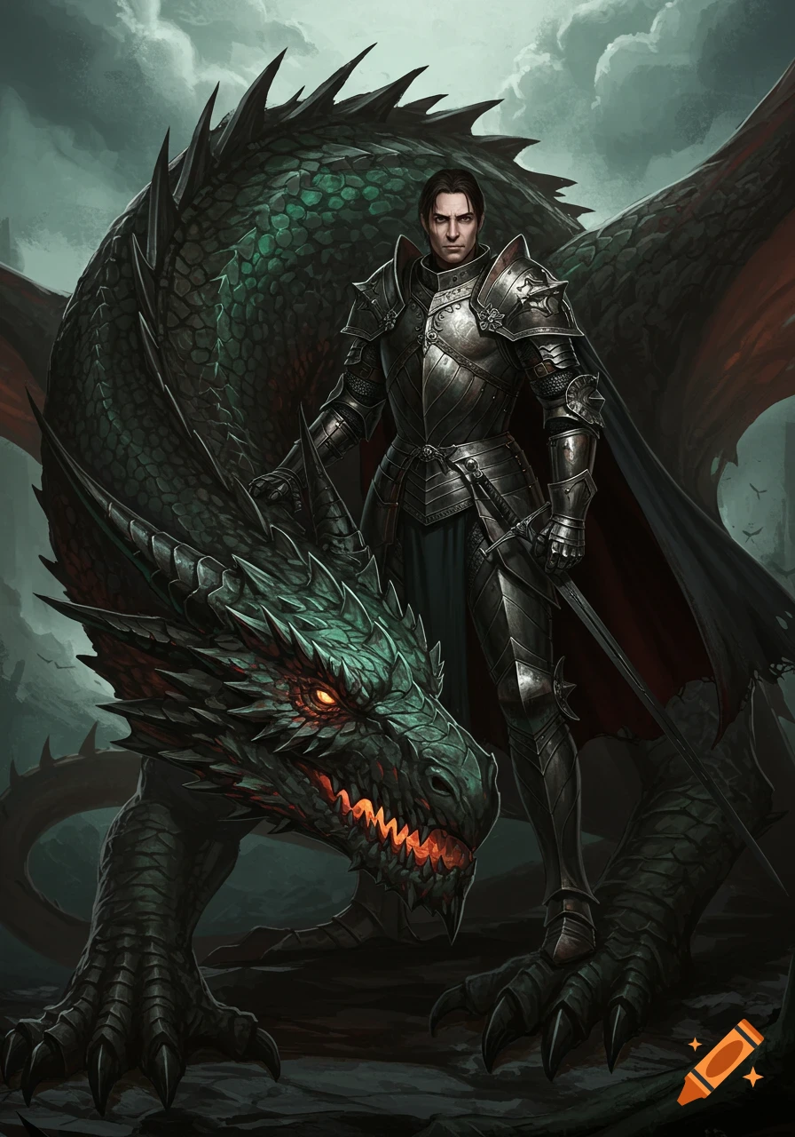 A knight in full plate armor stands beside a large, dark green dragon with glowing red eyes and a fiery mouth in a dark fantasy setting.
