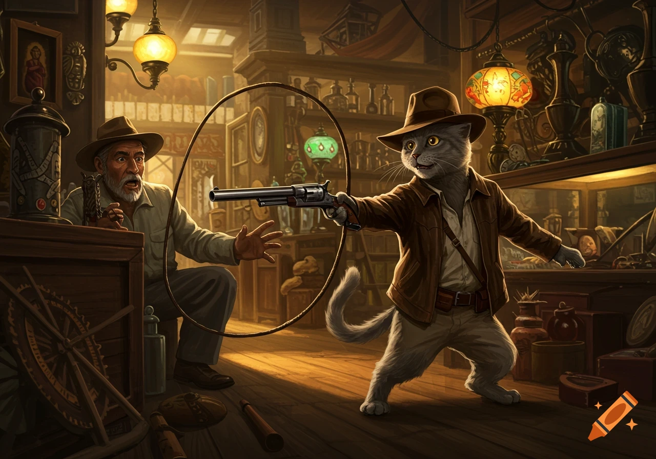 A grey anthropomorphic cat dressed as Indiana Jones points a revolver at a surprised man with a whip in a treasure-filled room.