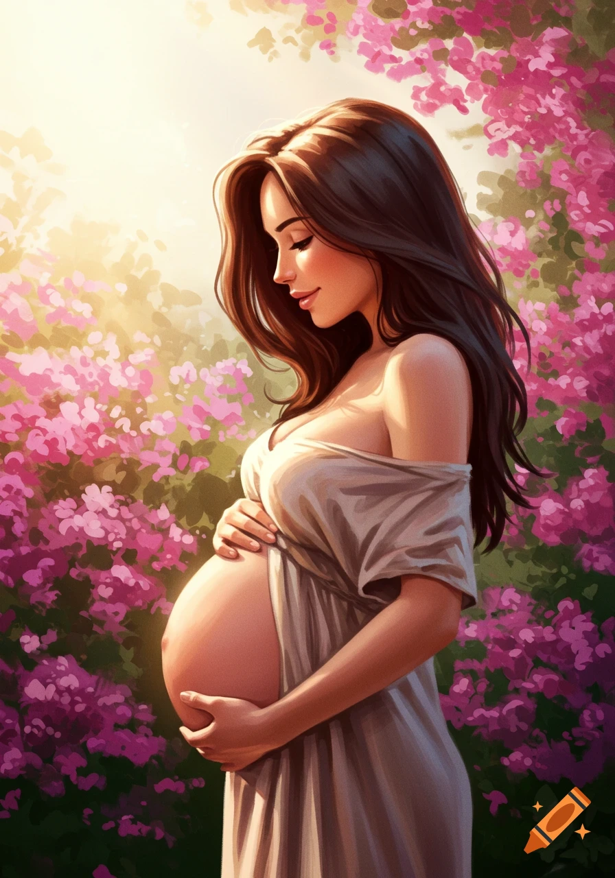 An artistic illustration of a pregnant brunette woman cradling her belly, standing in a lush garden filled with pink flowers under soft sunlight.