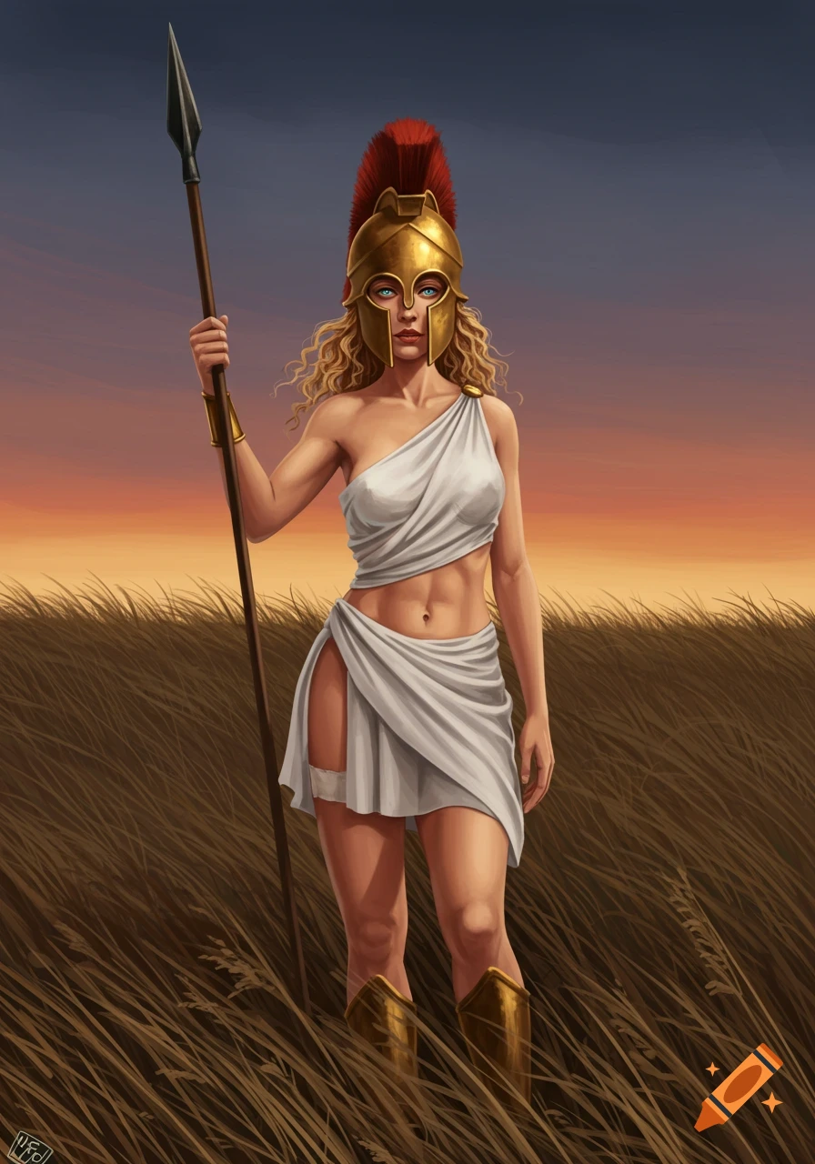 A full-body portrait of a woman in a white toga and bronze Corinthian helmet, holding a spear, standing in a field at dusk. Digital art.