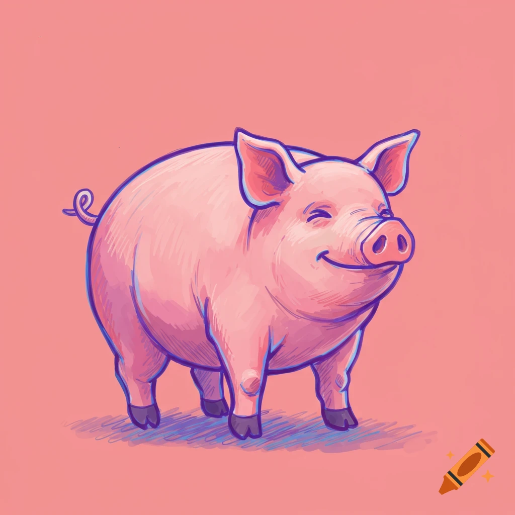 A happy pink cartoon pig illustration on a coral background.