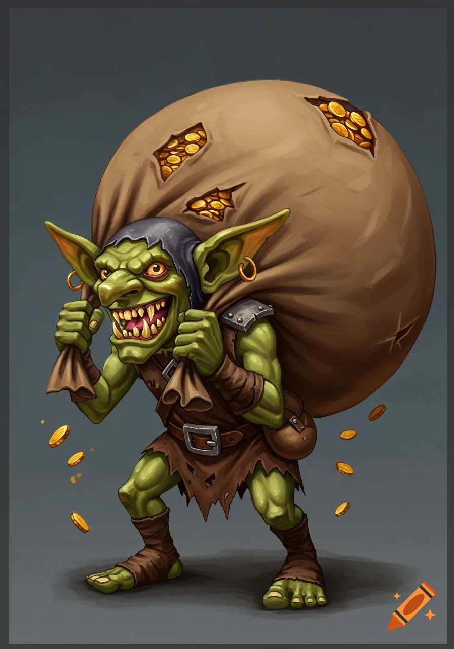 A green goblin with sharp teeth and pointy ears carries a large, ripping sack of gold coins, with some coins spilling out.