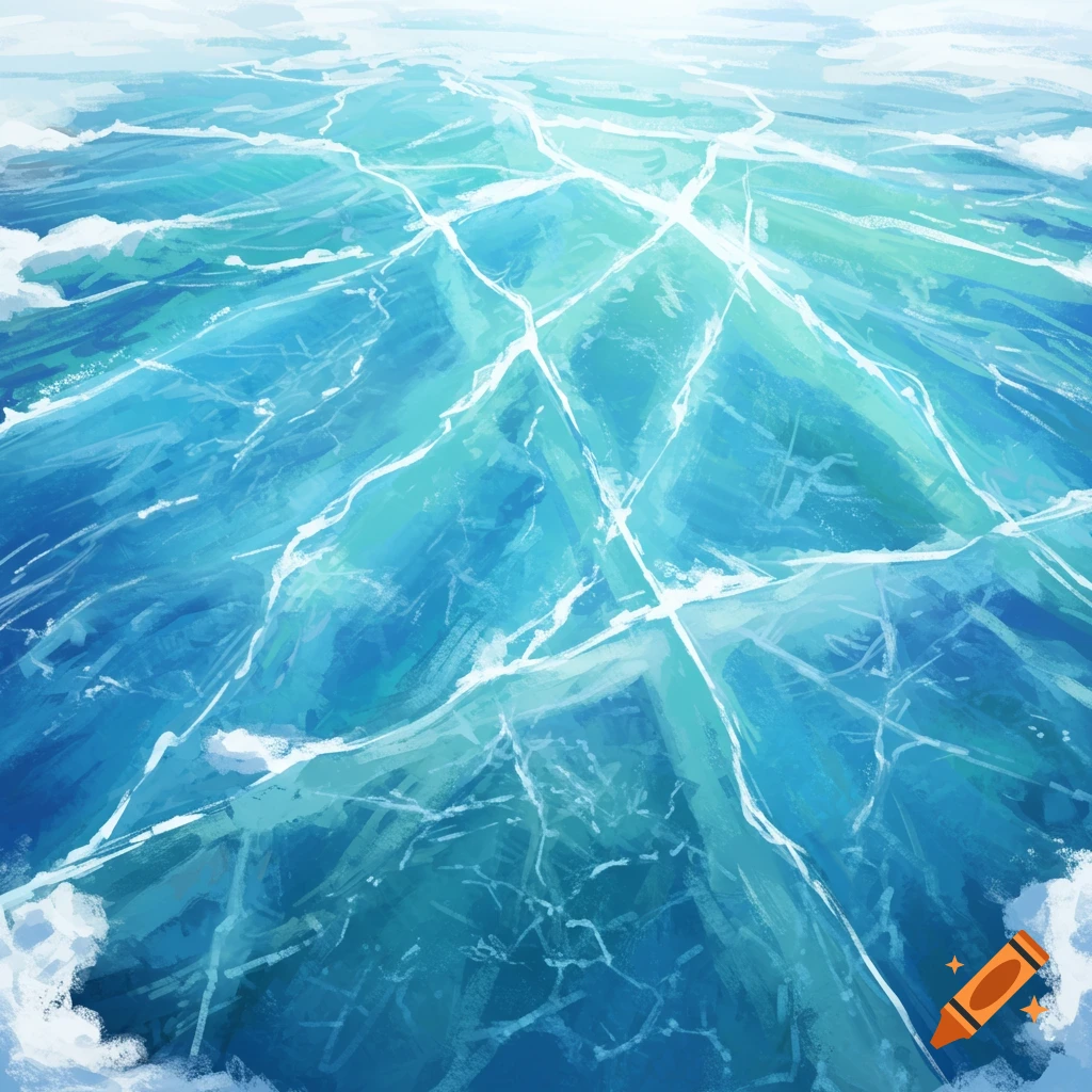 A close-up view of cracked ice on a body of water, featuring intricate patterns of white lines on vibrant blue and green ice.