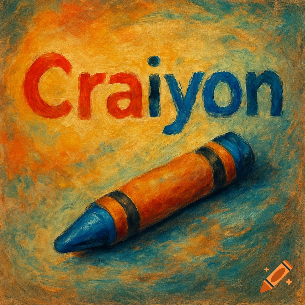 An impressionistic painting of an orange and blue crayon, with the word 'Craiyon' painted in red and blue letters above it.