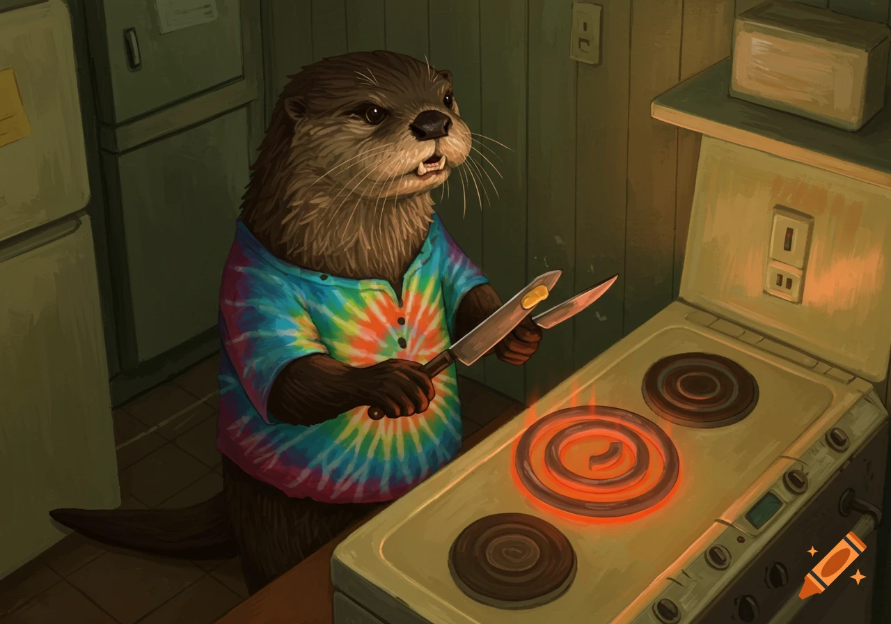 An illustrated river otter wearing a tie-dye shirt heats butter knives on a glowing electric stove in an outdated kitchen.