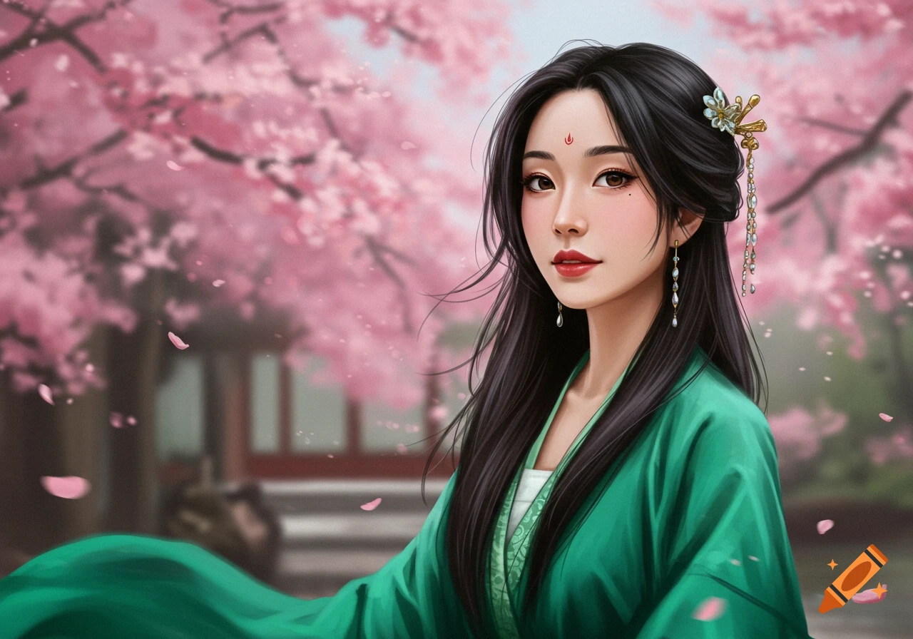 A beautiful woman with long dark hair, wearing a green traditional dress, stands among blooming cherry blossom trees.