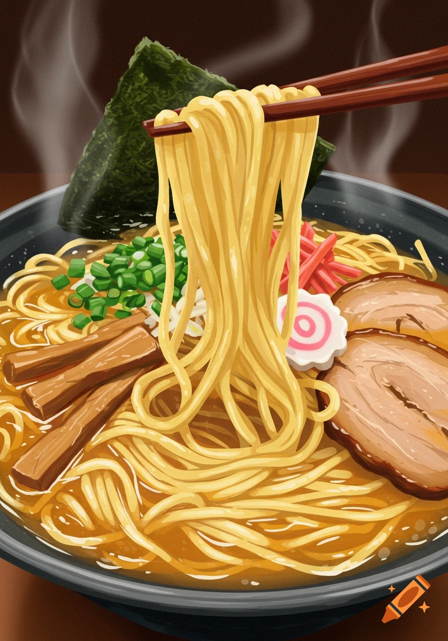 A close-up illustration of steaming ramen noodles in a black bowl with chopsticks lifting a portion of noodles, showing toppings like pork, narutomaki, and green onions.