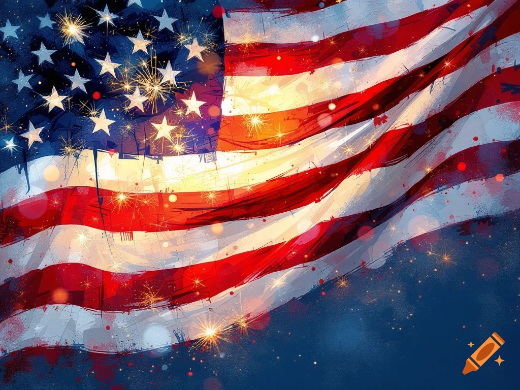 Stylized American flag with fireworks and bright sparks against a dark blue background.