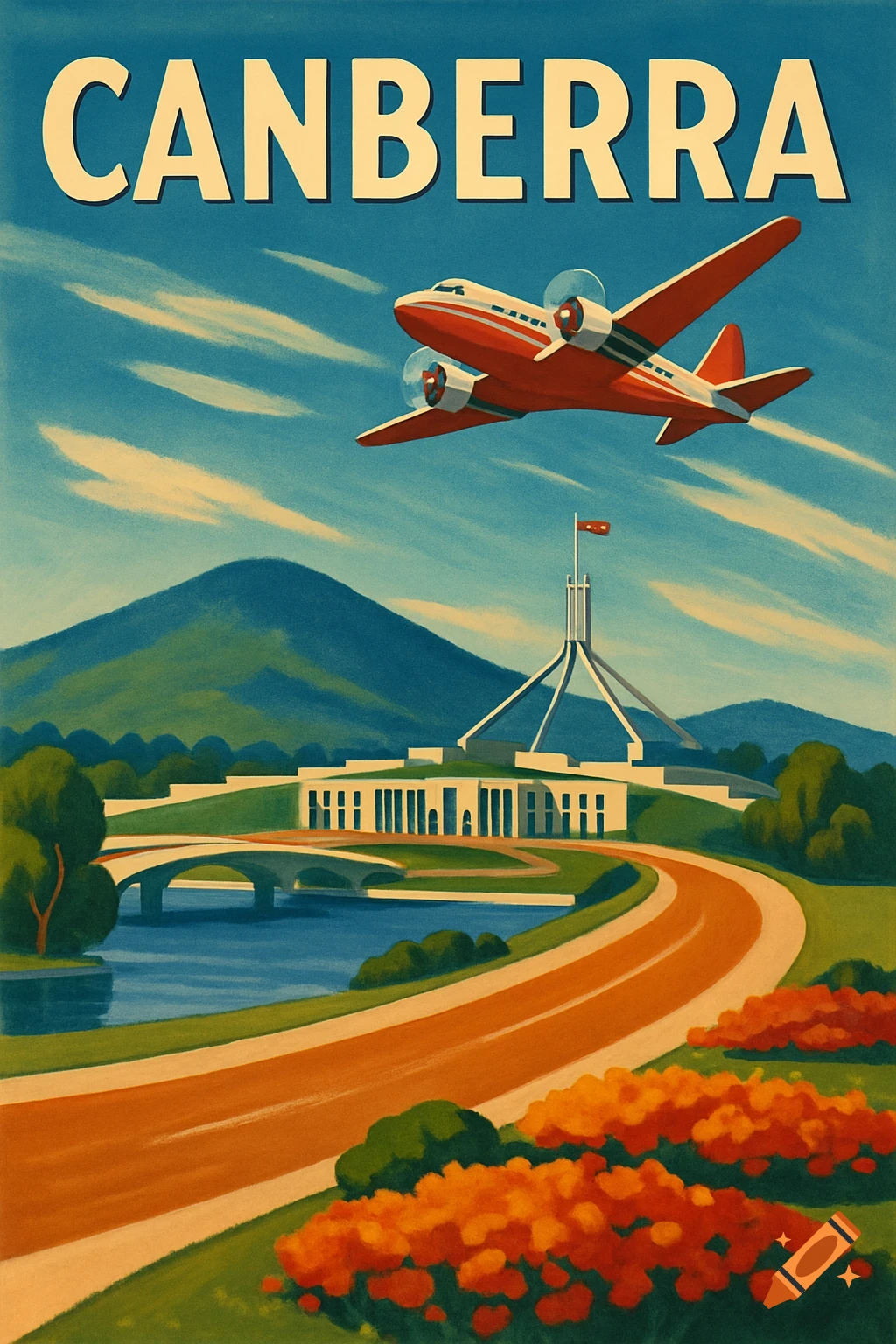 Retro travel poster for Canberra, Australia, featuring an airplane flying over Parliament House, a lake, and mountains.