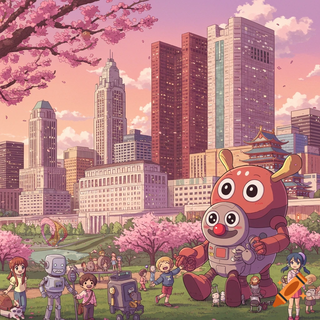 Anime style illustration of children and robots playing in a cherry blossom park with a city skyline in the background.