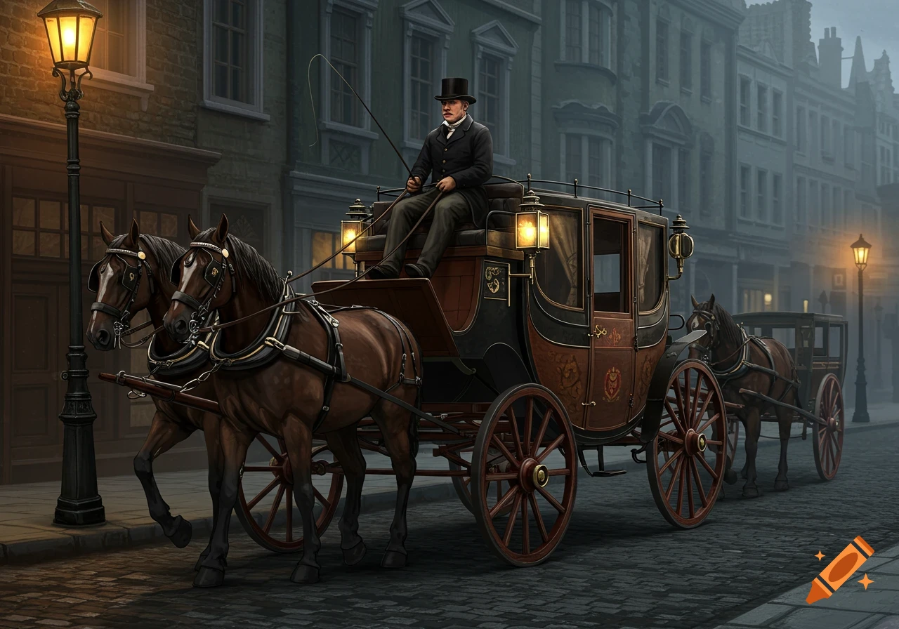 A photorealistic depiction of a Victorian coach pulled by two horses, with a driver in a top hat, on a cobblestone street.