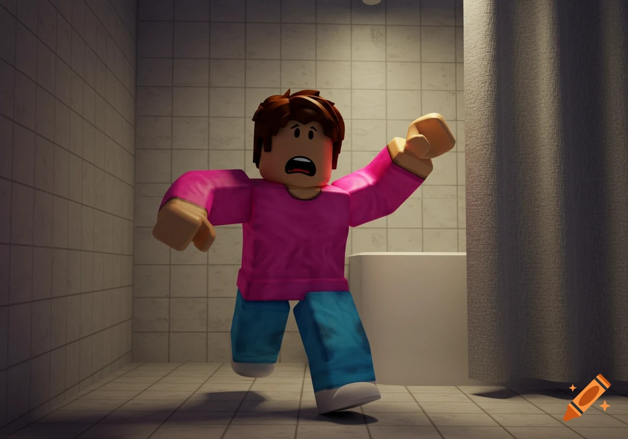 A scared Roblox character in a pink shirt and blue jeans runs through a tiled bathroom.