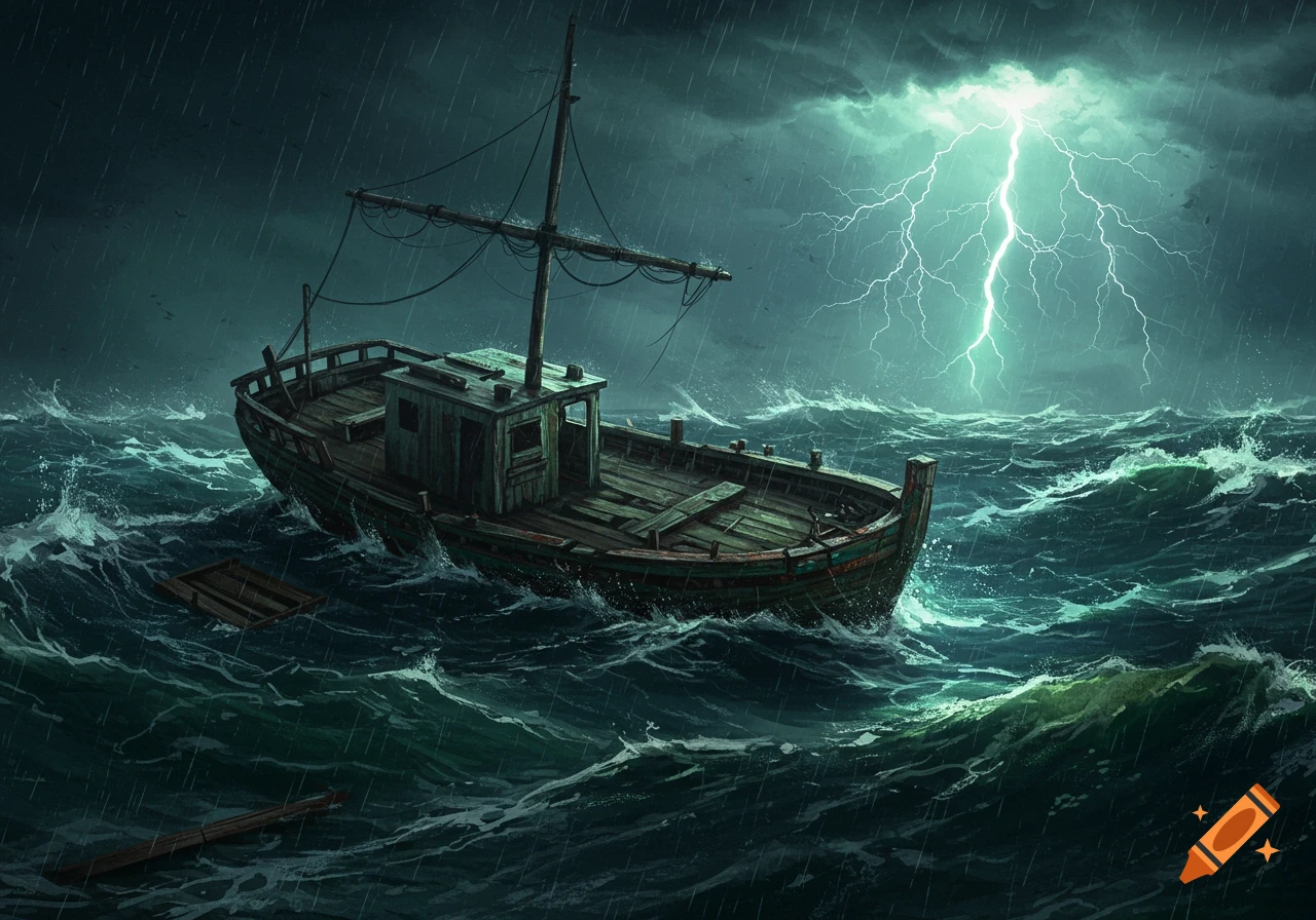 An old wooden boat on a stormy sea during a thunderstorm with lightning in the sky.