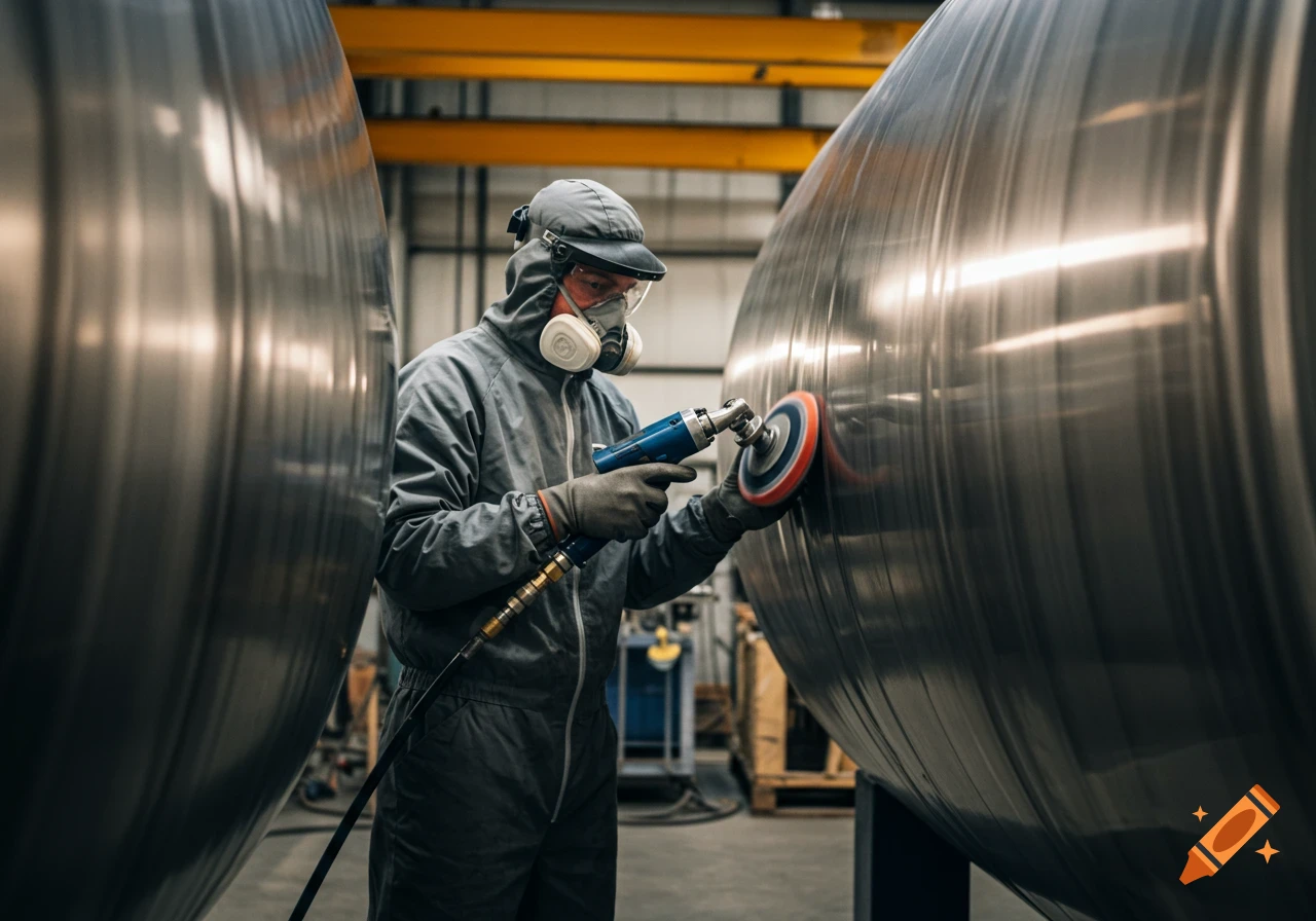 A worker in a grey suit and respirator mask polishes a large cylindrical stainless steel tank with an air polisher in a factory setting.