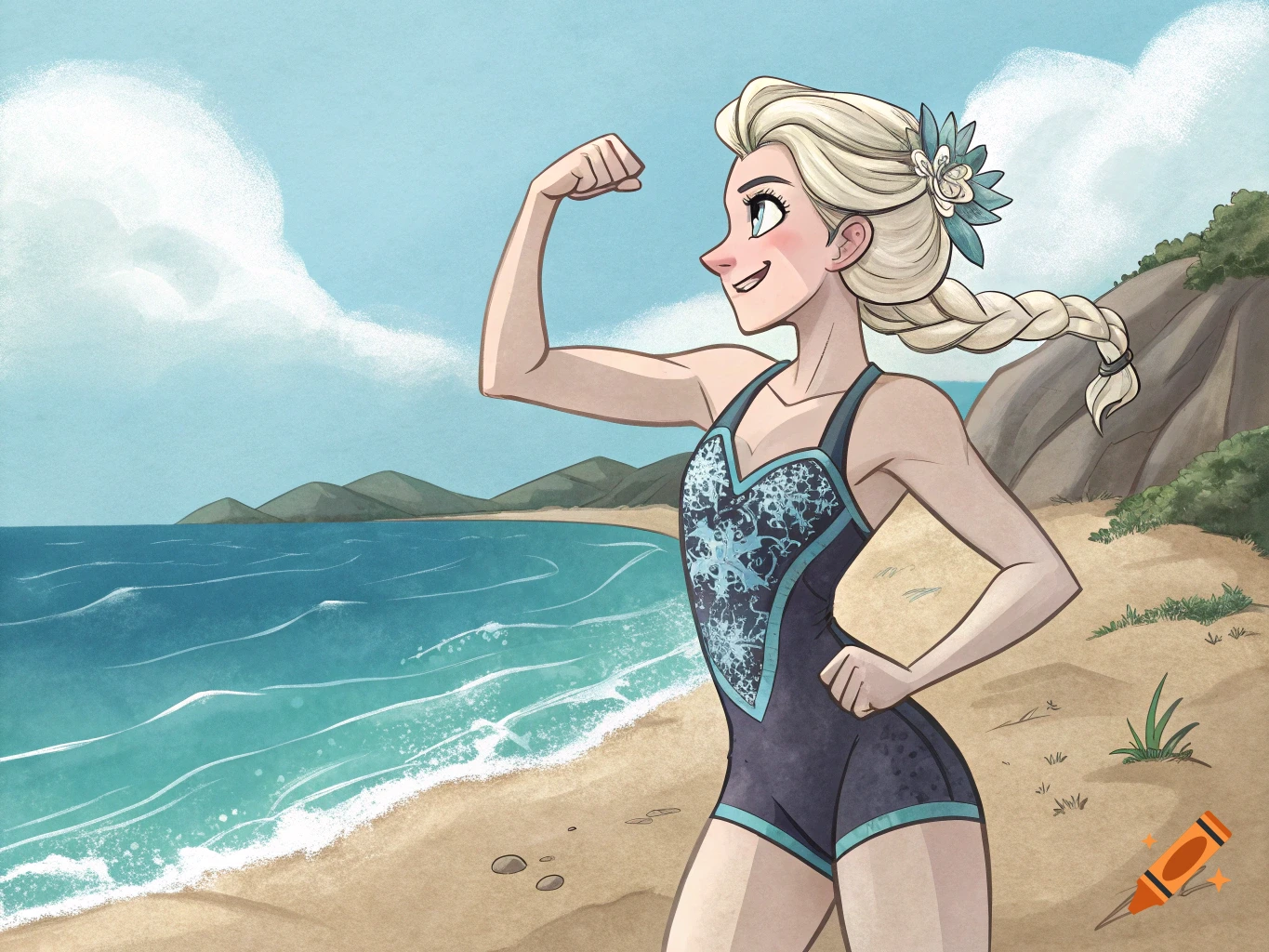 Elsa from Frozen, in a swimsuit, flexes her bicep on a sunny beach with the ocean and hills in the background, in a cartoon style.
