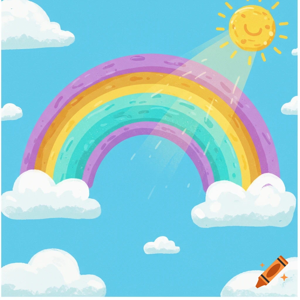 A vibrant cartoon rainbow arcs across a bright blue sky with white clouds, as a smiling sun shines light rays.
