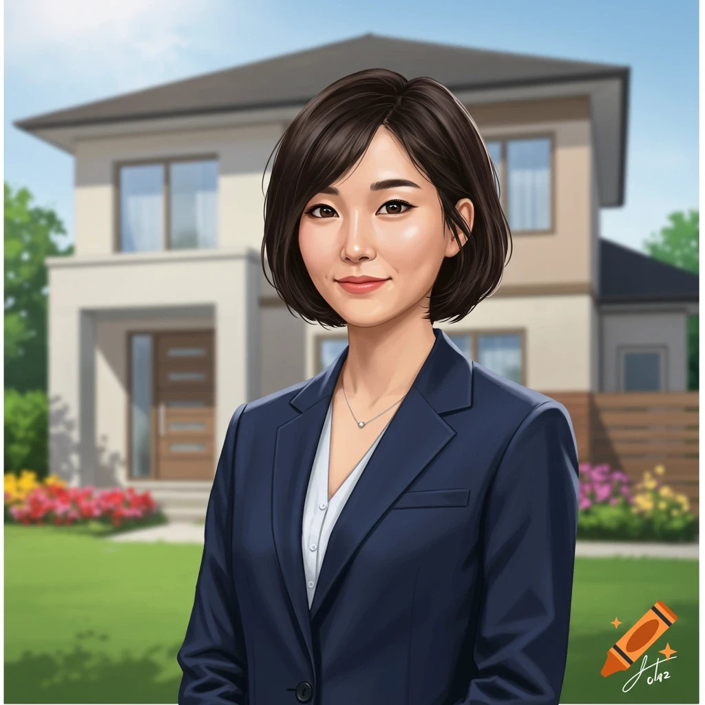 A smiling Asian woman with short dark hair in a navy suit stands in front of a modern house under a sunny sky in an illustration.