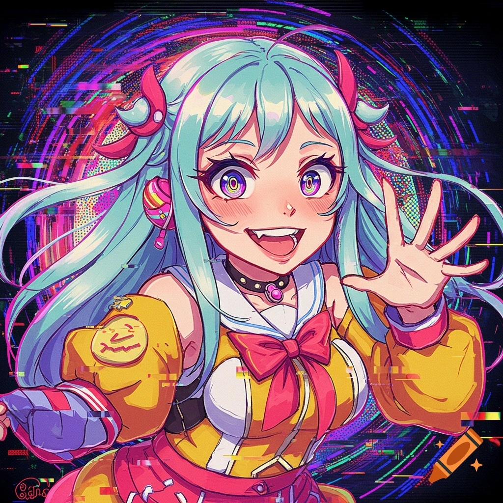 A vibrant anime-style character with light blue hair, a wide smile, fangs, and a sailor-like outfit, waving, against a dark background with colorful glitch effects.