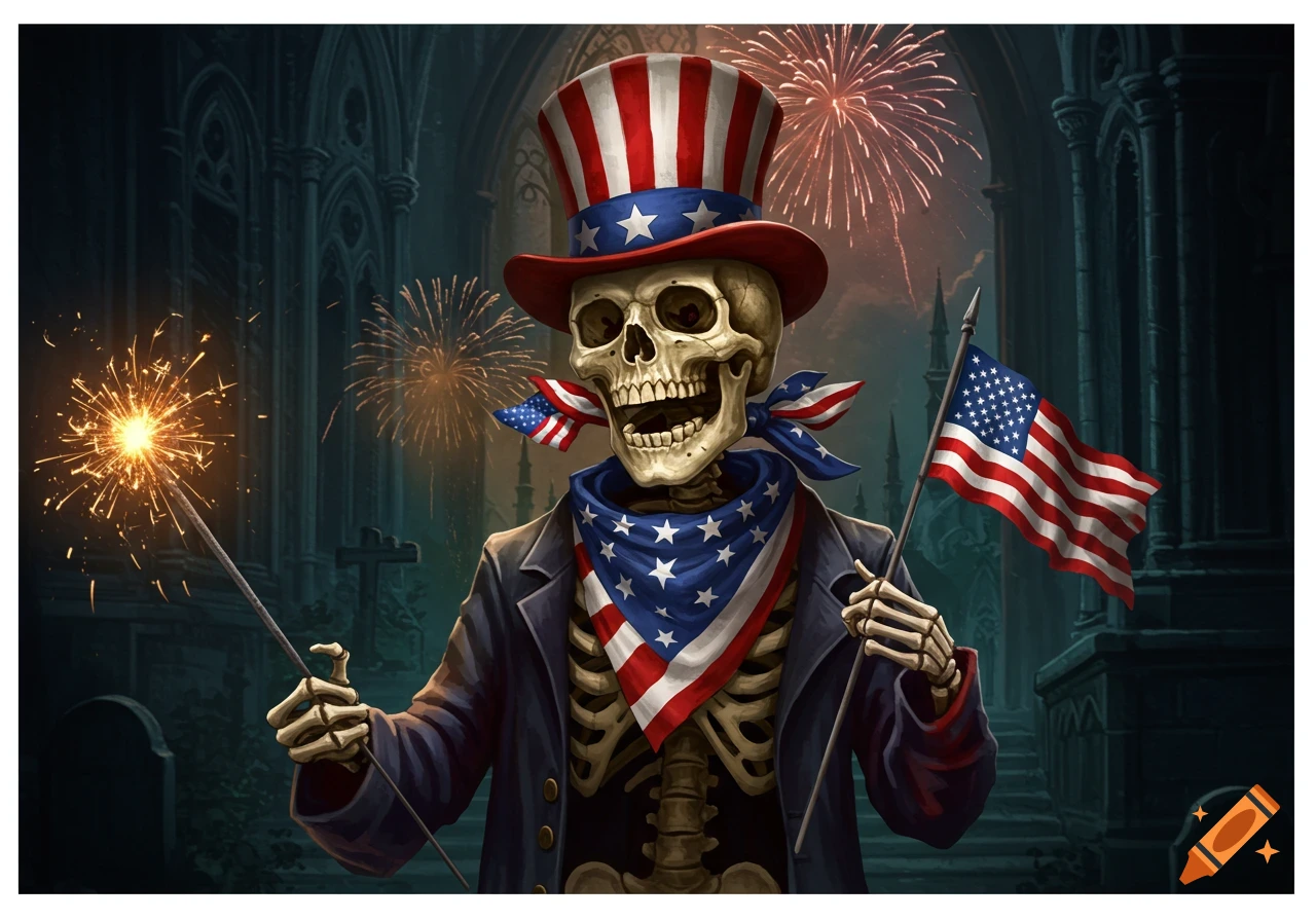 A skeleton in an Uncle Sam hat and patriotic bandana holds a lit sparkler and an American flag in a gothic setting with fireworks.