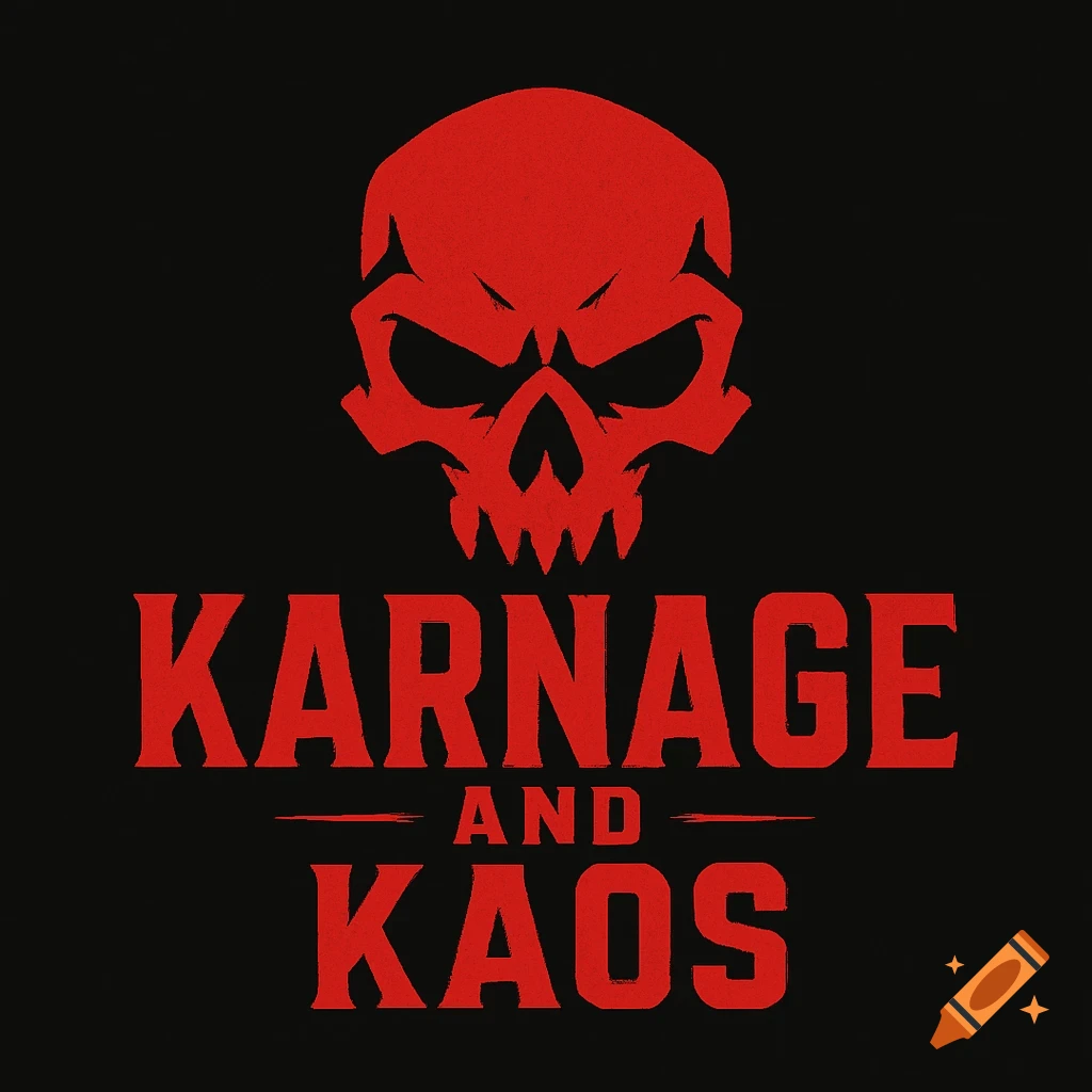 A red stylized skull above the words 'KARNAGE AND KAOS' in red on a black background.
