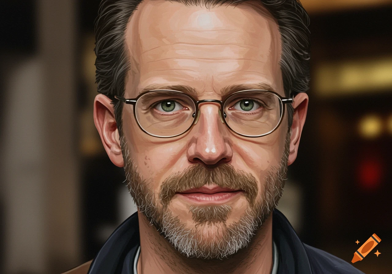 Close-up portrait of a man with a beard and glasses.