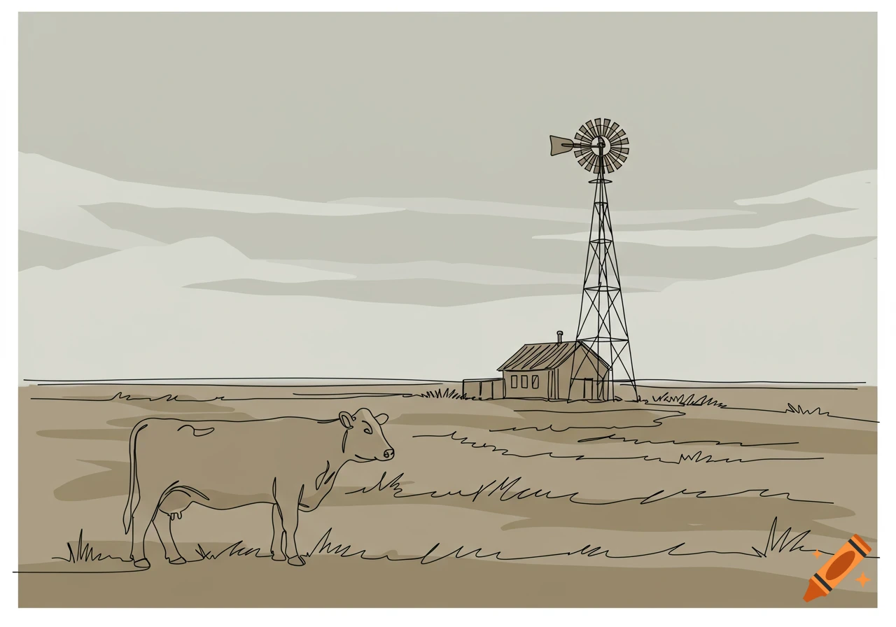 Minimalist line drawing of a cow in a field with a windmill and a small building under a cloudy sky.