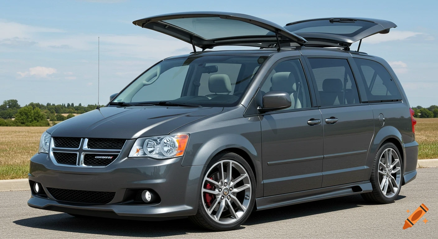 A dark grey customized Dodge Grand Caravan minivan with open sunroofs and sporty wheels, parked outdoors on a sunny day.