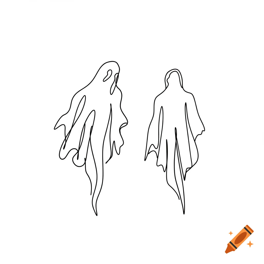 A minimalist one-line drawing of two white specters or ghosts on a plain white background.
