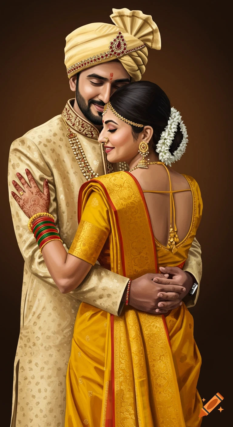 A couple in traditional Indian wedding attire embraces. The woman wears a yellow saree, the man a golden sherwani and turban. Detailed portrait.